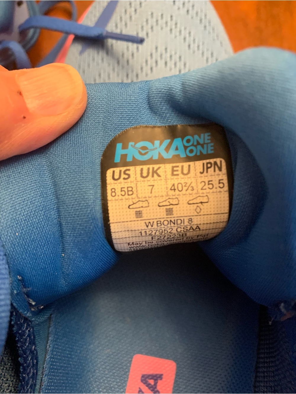 Hoka One One Bondi 8 Blue with Pink Accent Women's Running Shoes. Size 8.5B - Picture 5 of 6
